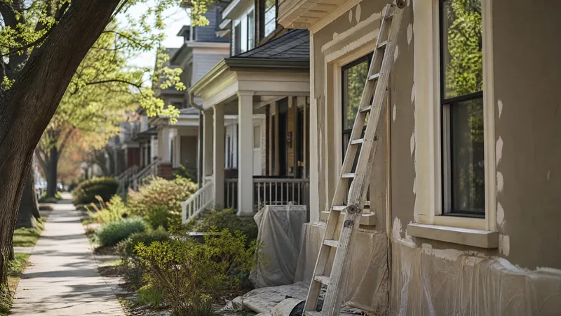A painter cutting in the fascia of a two storey Toronto semi on a clear dry morning in late spring