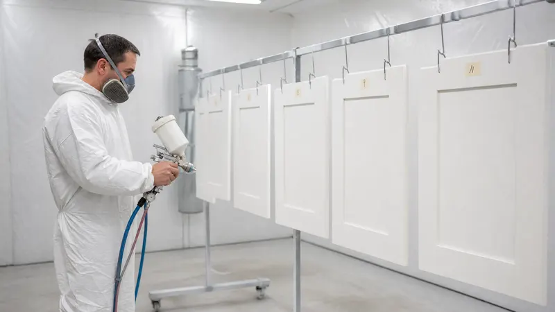 Sprayed white kitchen cabinet doors drying on racks in a Toronto spray booth with masked cabinet boxes in the background