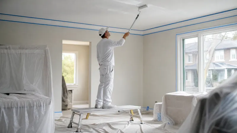 Painter rolling a fresh white finish across a living room ceiling in a Toronto home with the floor fully covered