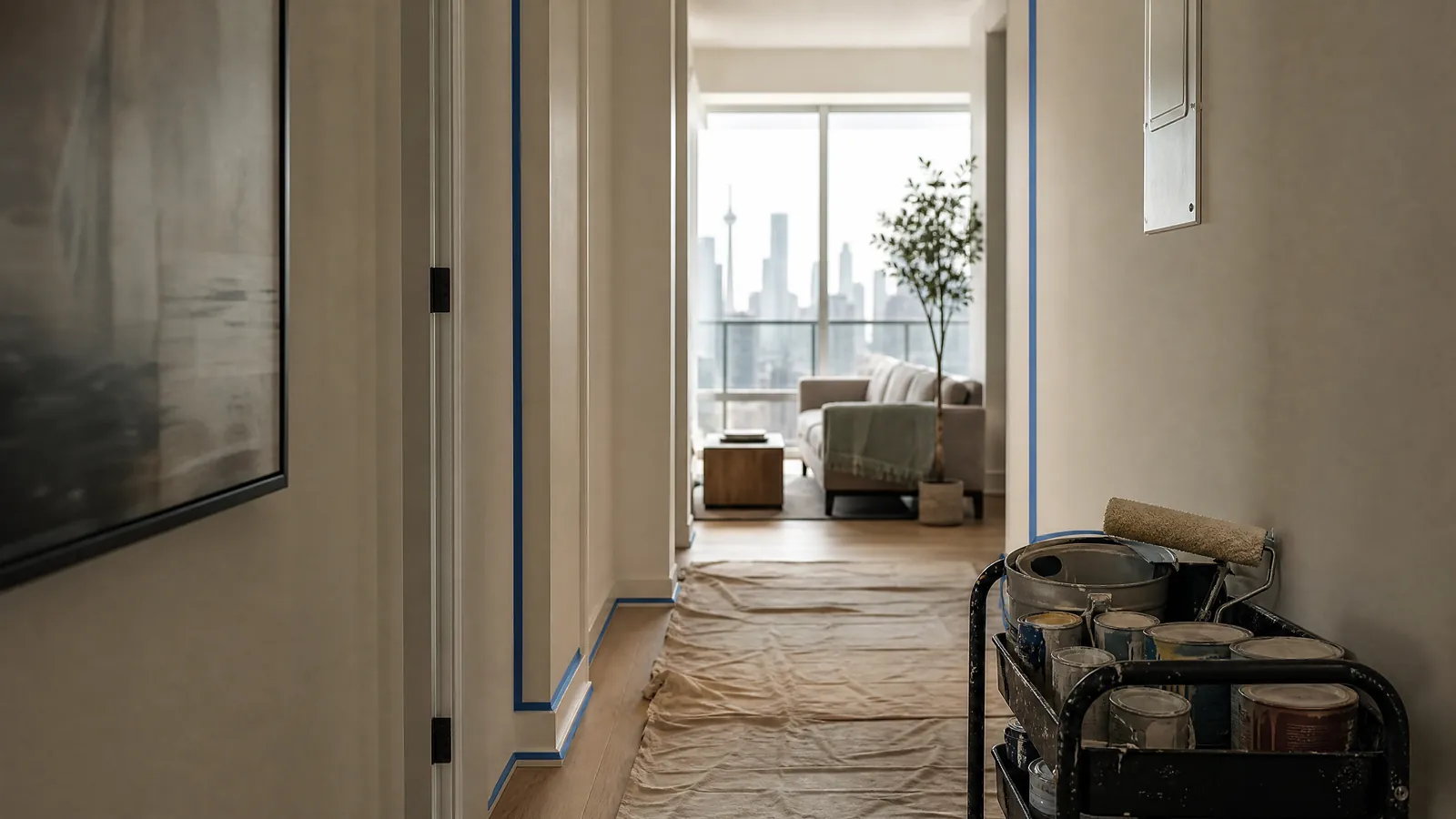 Diagram showing how a 700 square foot Toronto condo floor plan converts into wall, ceiling and trim area for a painting estimate