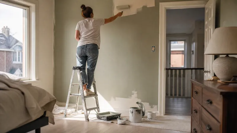 A homeowner cutting in a ceiling line with a brush beside a ladder and drop sheets in a Toronto bedroom