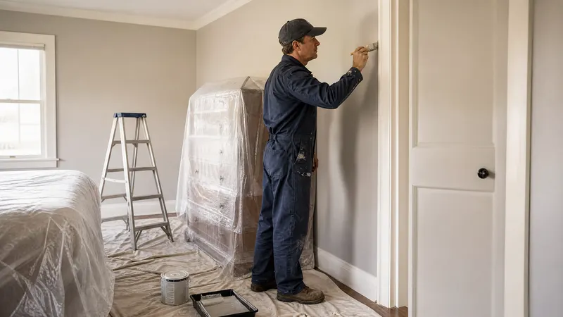 A homeowner cutting in a ceiling line with a brush beside a ladder and drop sheets in a Toronto bedroom