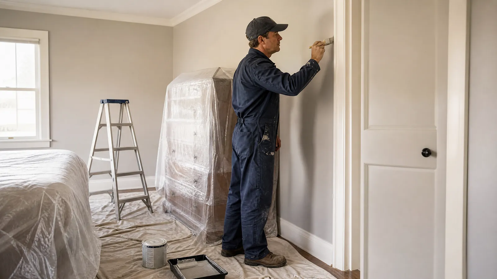 A homeowner cutting in a ceiling line with a brush beside a ladder and drop sheets in a Toronto bedroom