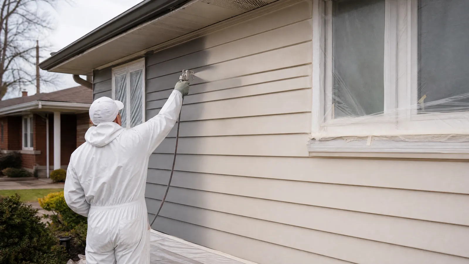 Weathered wood siding mid scrape with bare patches spot primed before topcoating