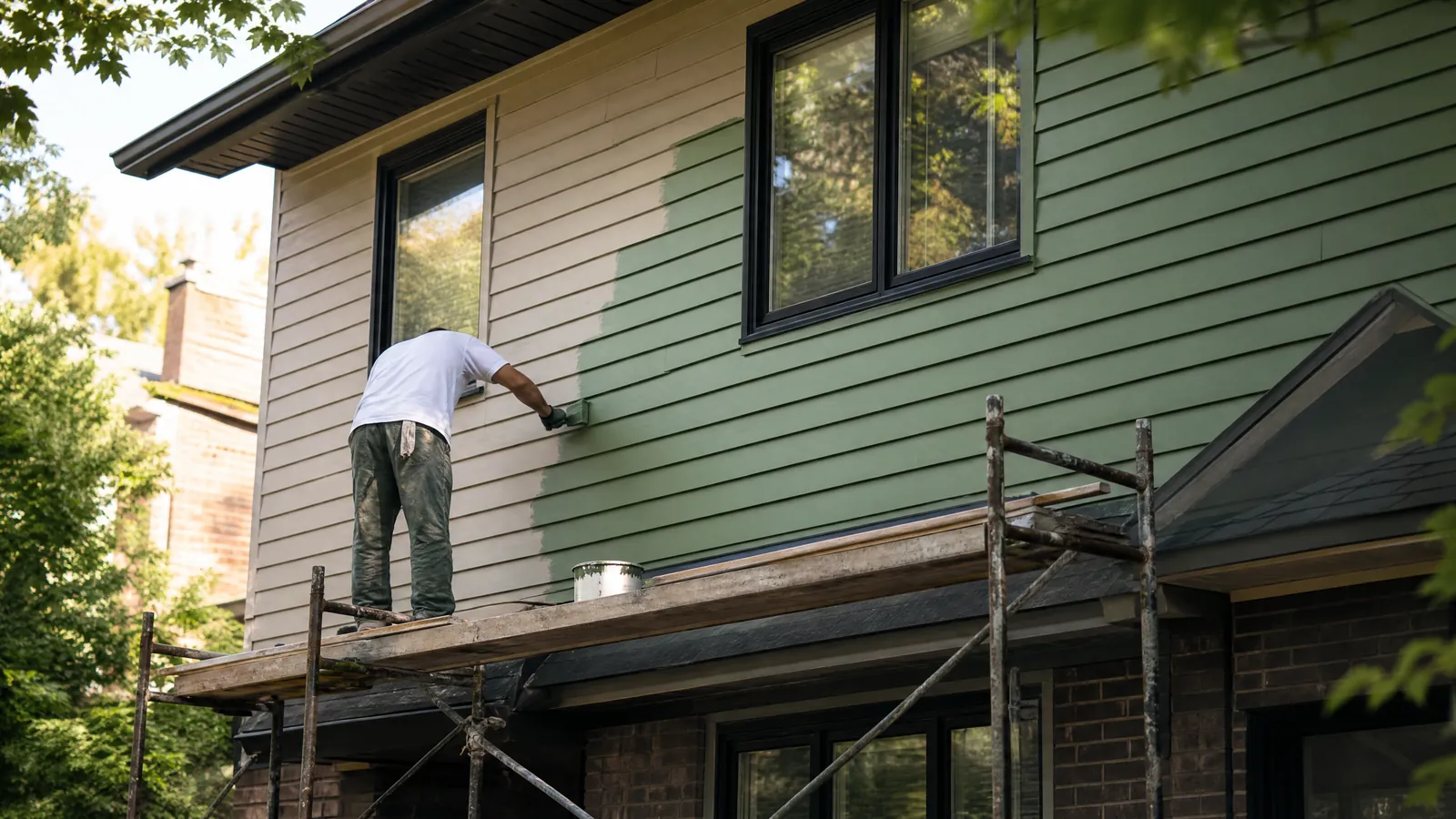Painter on a ladder coating the wood siding and fascia of a two storey Toronto house