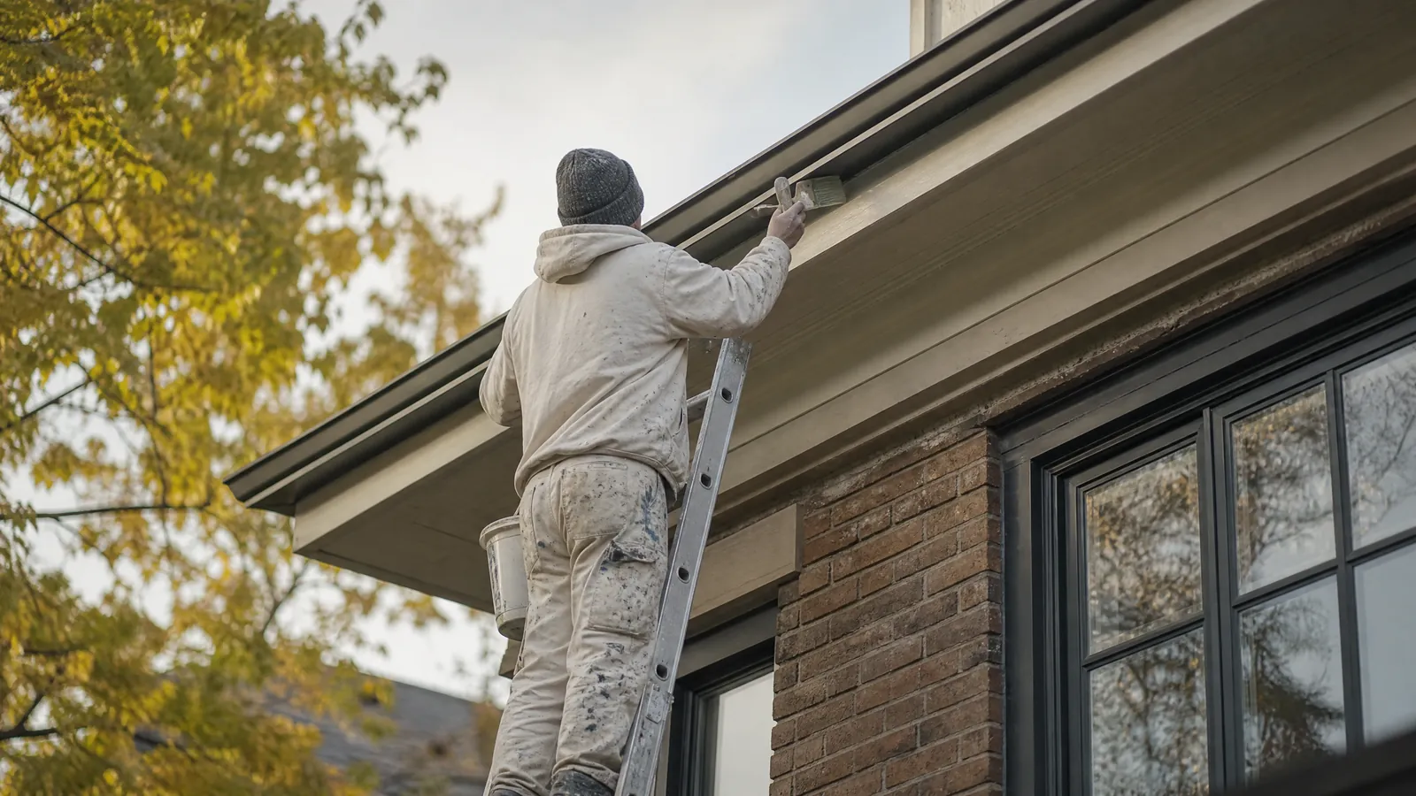 Two storey Toronto semi with scaffolding on the side wall mid exterior repaint