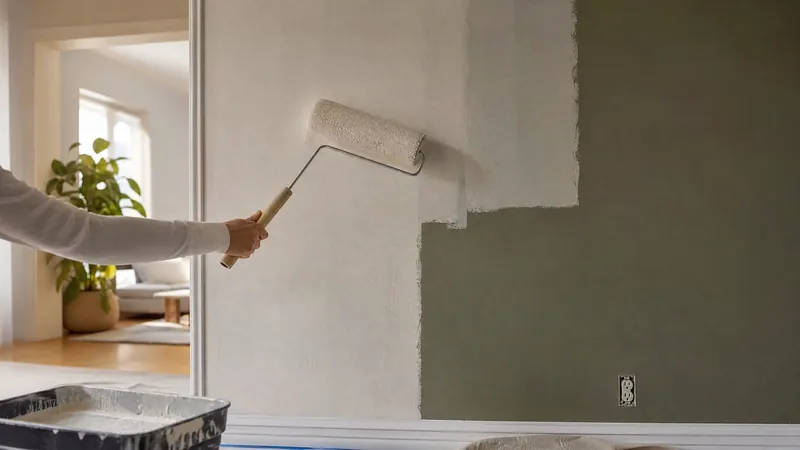 Painter rolling a second coat of wall paint in a bright Toronto living room