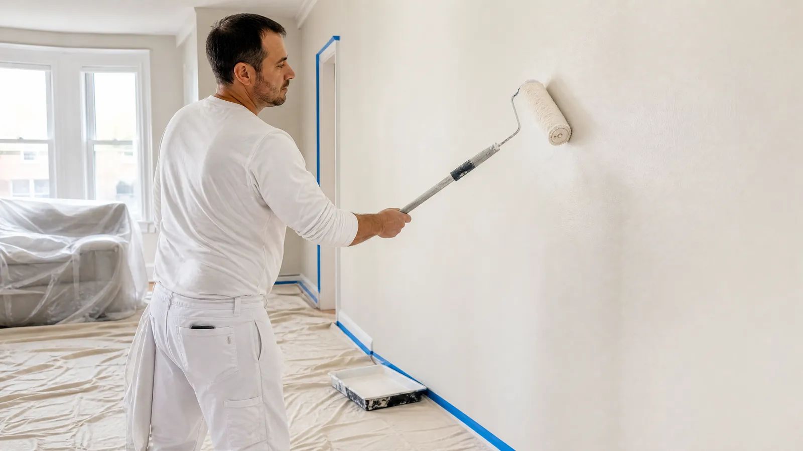 Painter rolling a second coat of wall paint in a bright Toronto living room