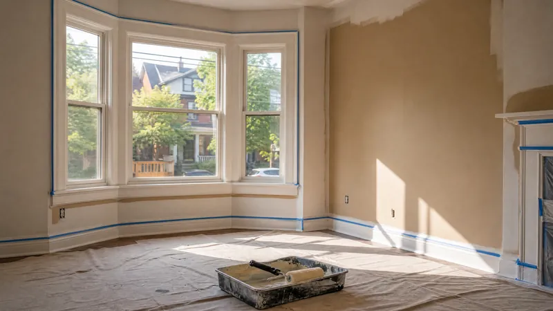 Painter rolling a second coat onto a bedroom wall in a Toronto home with baseboards masked
