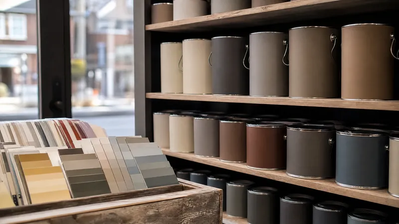 Row of interior paint cans and colour swatches on a workbench in a Toronto home