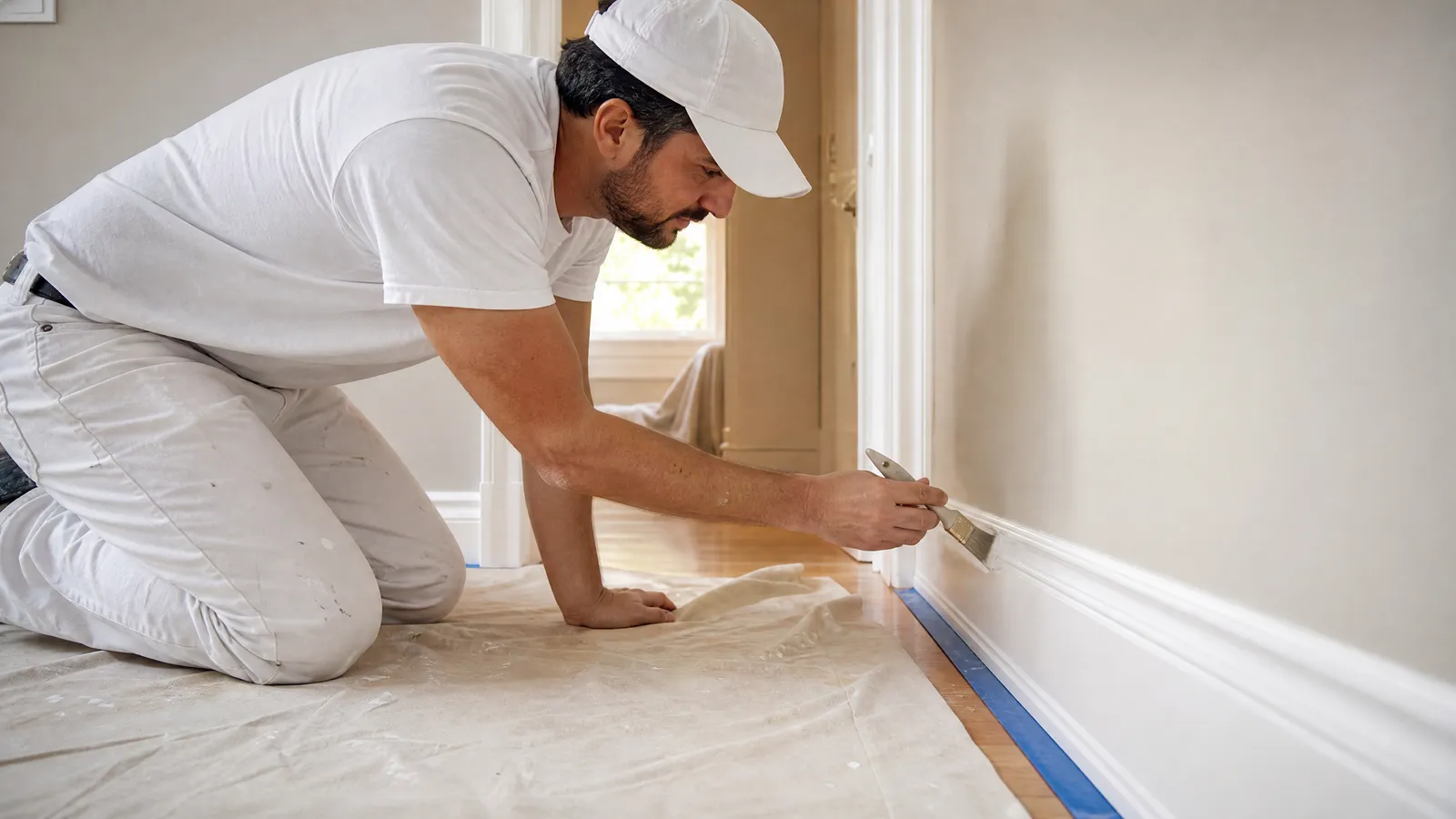 Freshly painted white baseboard and door casing in a Toronto semi-detached home