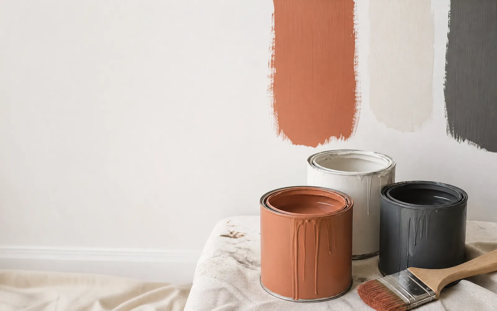 Three open paint cans in terracotta, soft white and charcoal with fresh brush strokes on a white wall